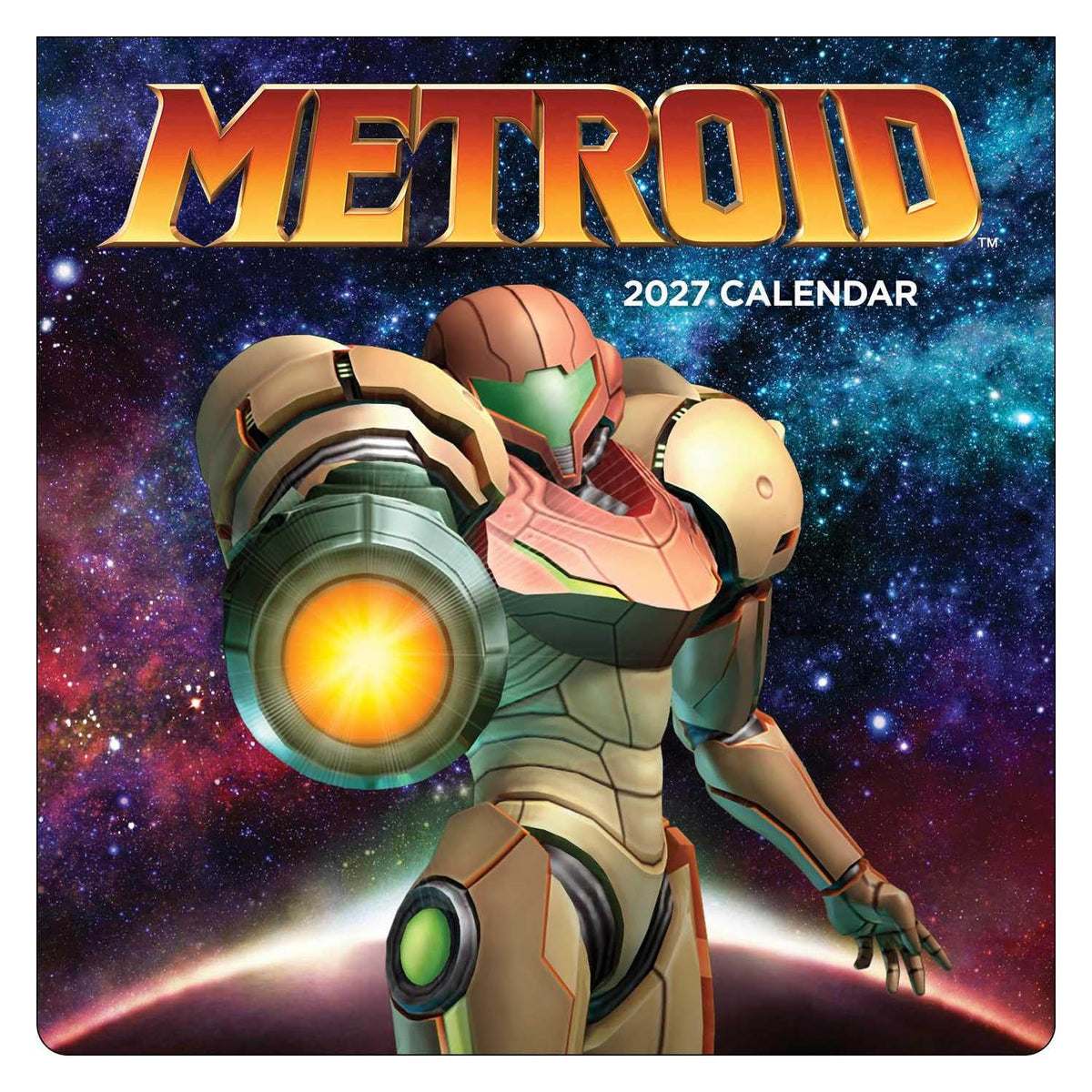 Square 2027 Metroid calendar cover featuring Samus in a gold and green suit against a starry space background, with large 'METROID' title text at the top.