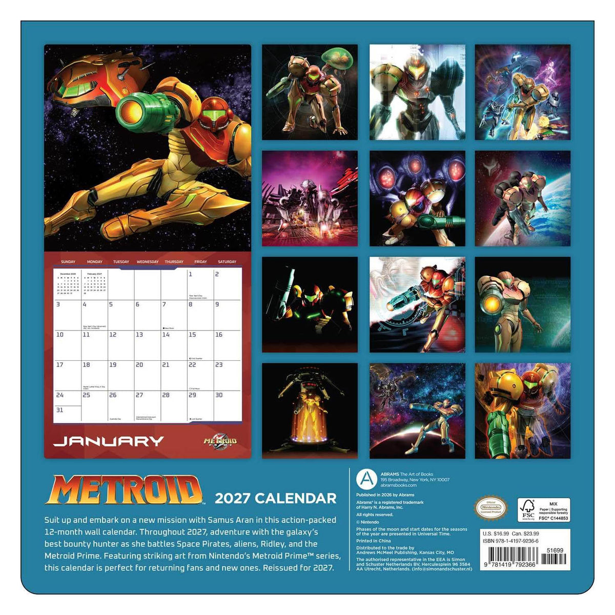 Back cover of a 2027 Metroid wall calendar, featuring a grid of colorful Metroid Prime franchise artwork panels, a January calendar page preview, and product details on a teal background.