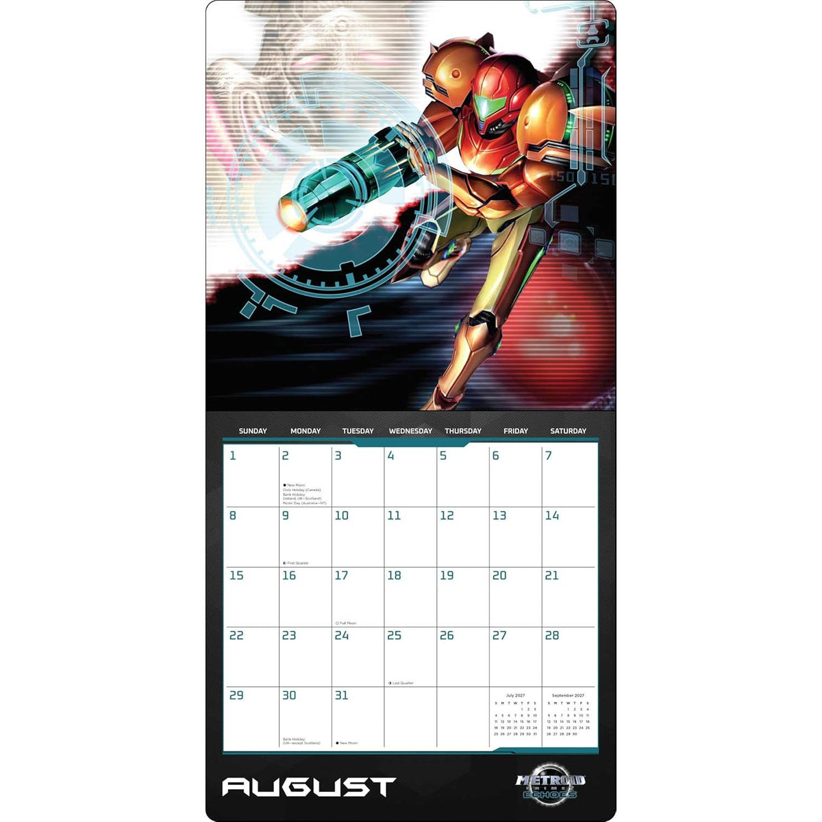 An August calendar page featuring a large Samus from Metroid on the front cover, with a black background and a white grid layout for days of the week below.