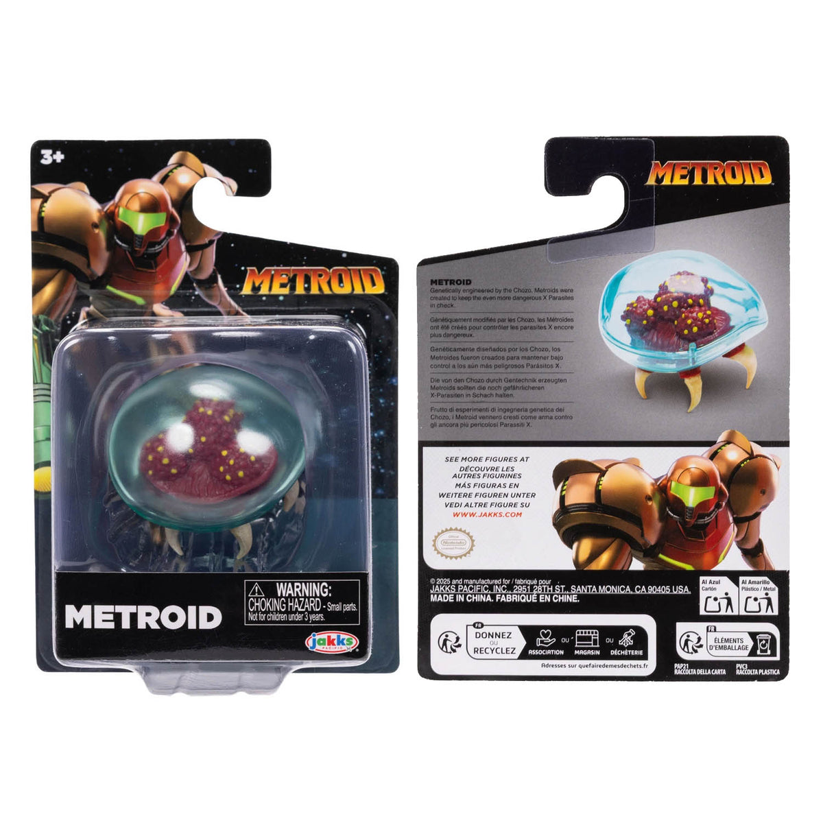 Two views of a Jakks Pacific 'Metroid' action figure in its original blister packaging, showing both the front and back of the carded box against a white background.