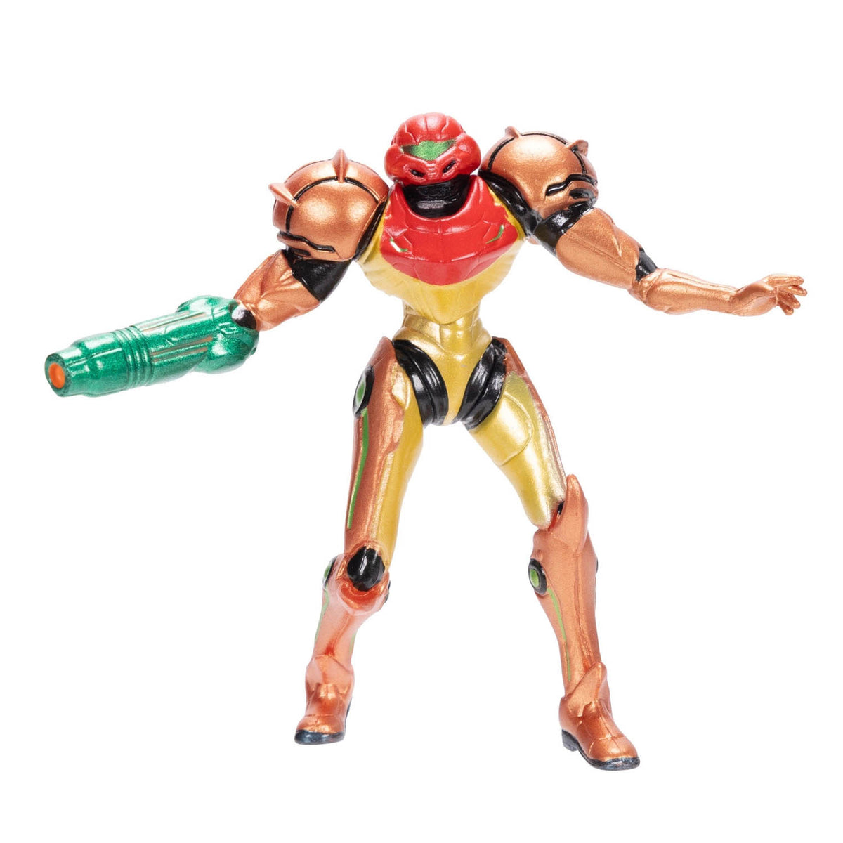 A metallic collectible action figure of Samus in a red, gold, and copper armor suit, holding a green blaster, isolated on a white background.