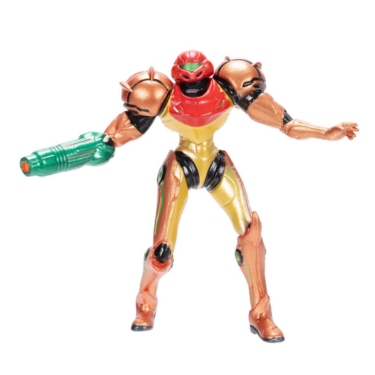 A metallic collectible action figure of Samus in a red, gold, and copper armor suit, holding a green blaster, isolated on a white background.