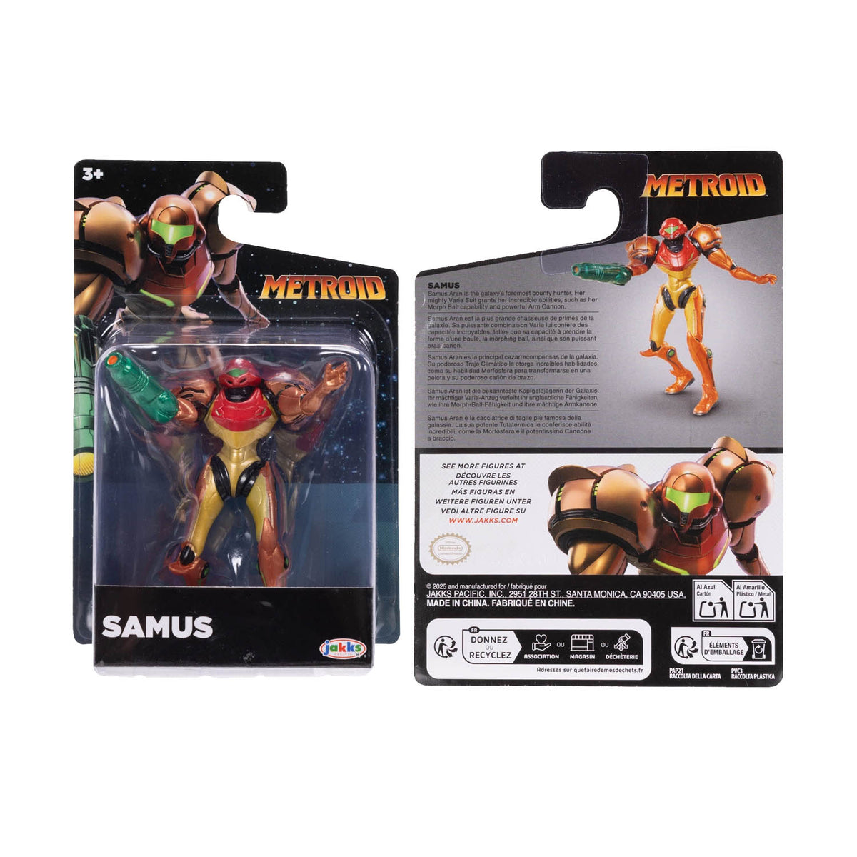 Samus action figure shown in front and back packaging views on a plain white background. The carded packaging features the brand name METROID prominently at the top and the character name SAMUS at the bottom.