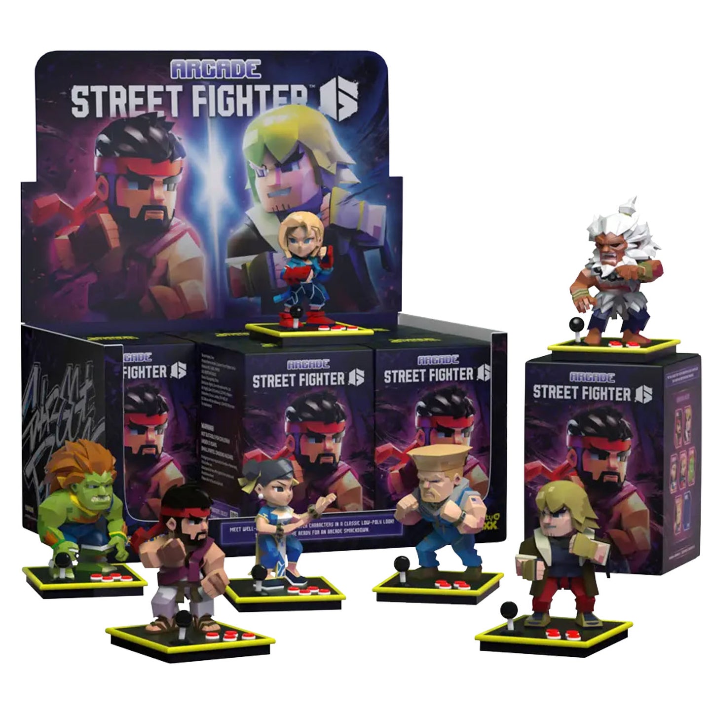 Set of Street Fighter polygonal figures with box packaging on a white background