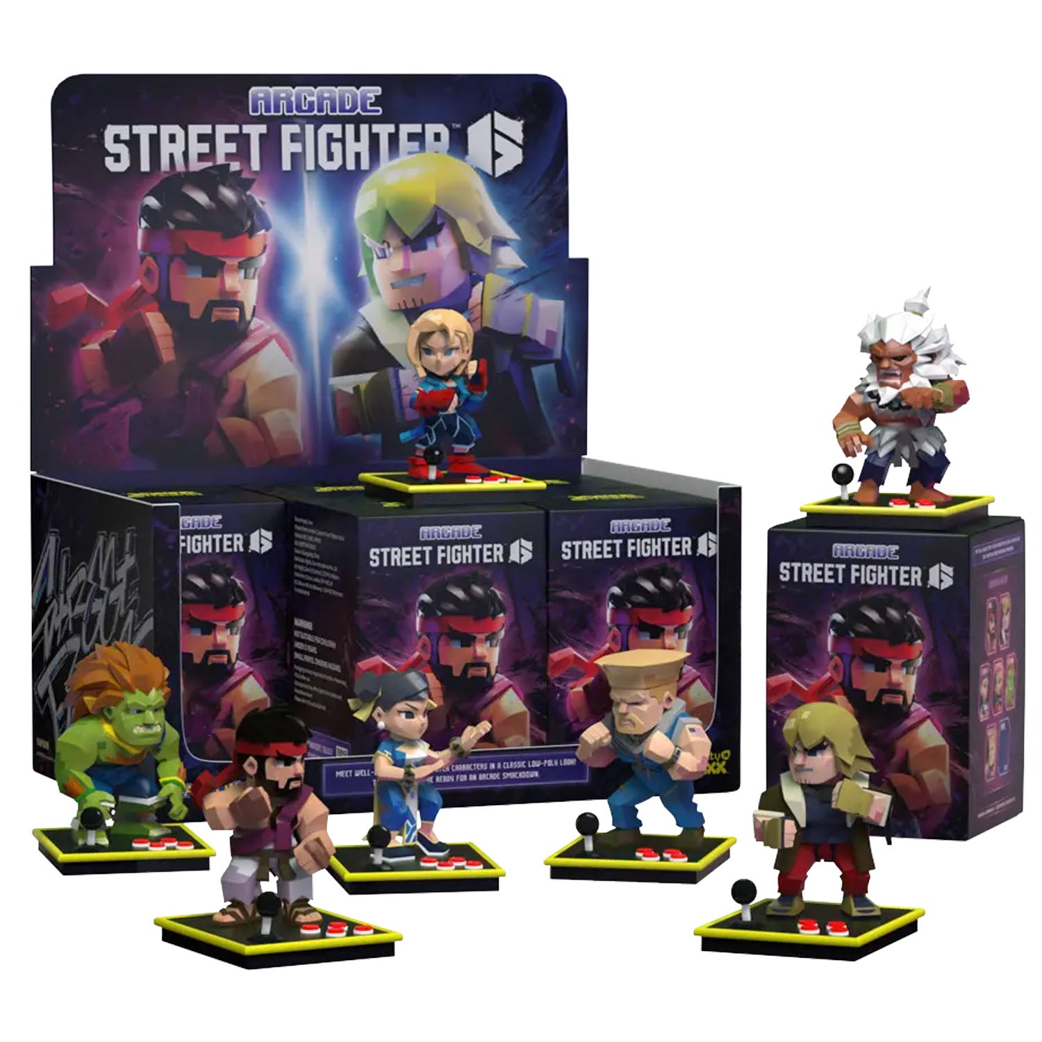 Set of Street Fighter polygonal figures with box packaging on a white background
