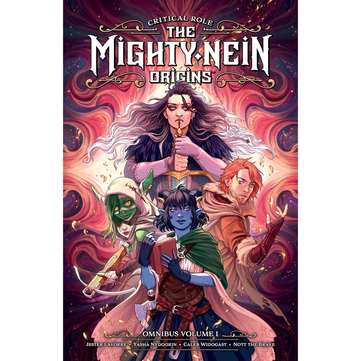 Front cover of the graphic novel/comic book Critical Role: The Mighty Nein Origins: Omnibus Volume 1, featuring illustrated characters against a swirling pink, purple, and orange fantasy background.