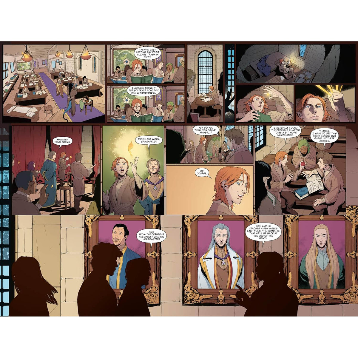 A multi-panel comic book or graphic novel page showing an indoor scene with multiple characters, speech bubbles, and framed portraits. The artwork uses a muted palette with browns, beiges, purples, reds, and blues, and the page is photographed straight-on against a dark background.