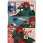A three-panel comic-style illustration showing two animated characters in a bedroom scene. One character has red hair and wears a dark green robe over white clothing, while the other has blue skin and purple hair and wears a pink top.