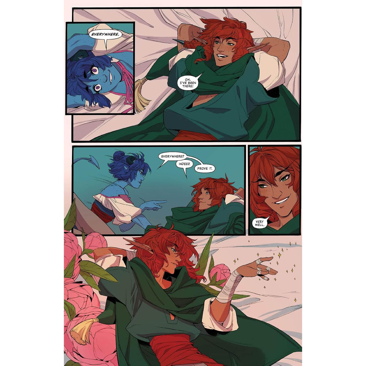 A three-panel comic-style illustration showing two animated characters in a bedroom scene. One character has red hair and wears a dark green robe over white clothing, while the other has blue skin and purple hair and wears a pink top.