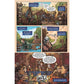 A comic book page featuring multiple illustrated panels with characters in a village and indoor gathering scene, complete with speech bubbles and onomatopoeia.