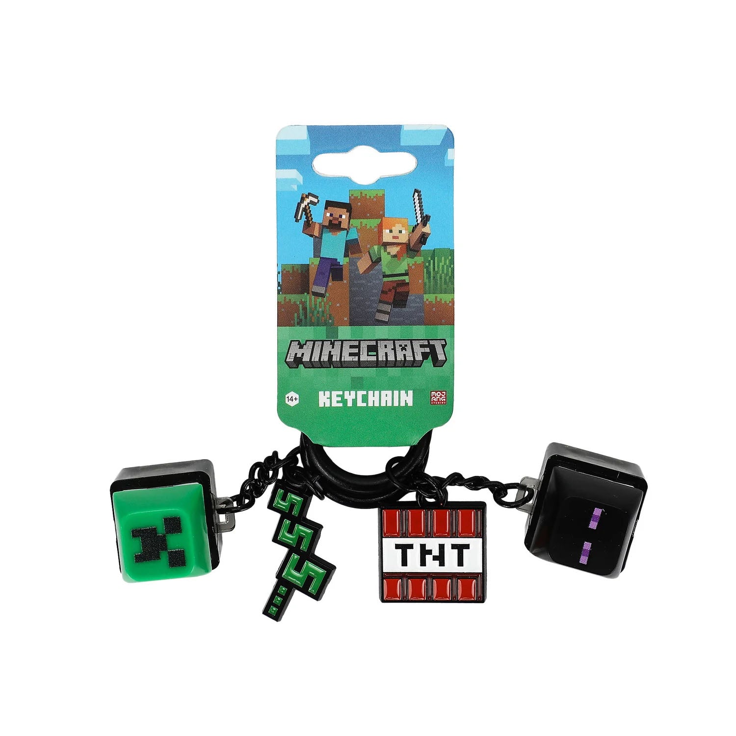 Minecraft keychain with 4 charms: a green pixelated block, a black chain with a green pixelated piece, and a red TNT block charm, hanging from a blue and green Minecraft Keychain card.