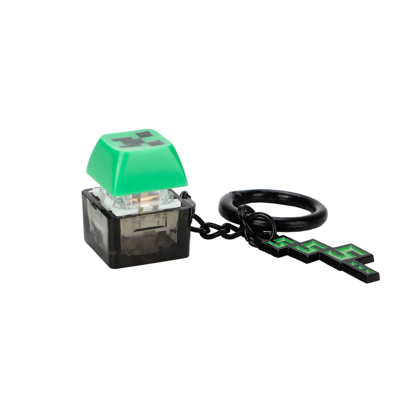 Keychain with a green block and black key design on a white background