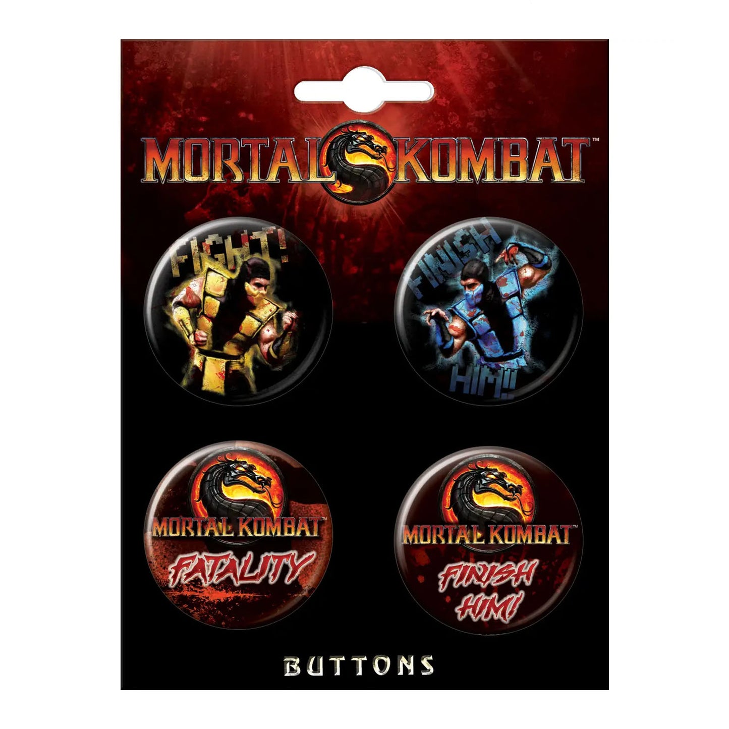 Mortal Kombat buttons packaging with character images and text on a dark background