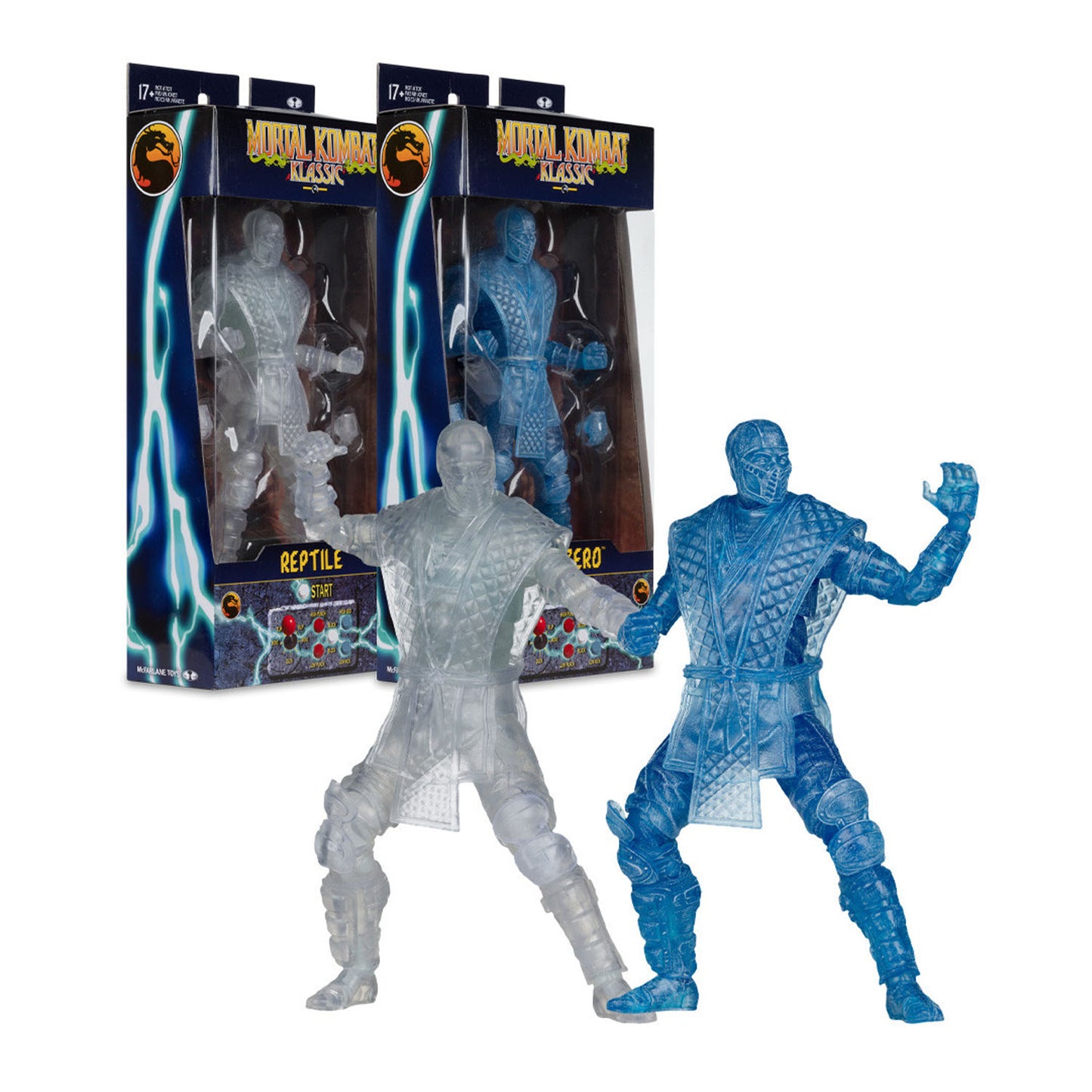 Two translucent Marvel Komika Classics action figures, one in clear/frosted white and one in blue, displayed in front of their retail packaging on a white background.