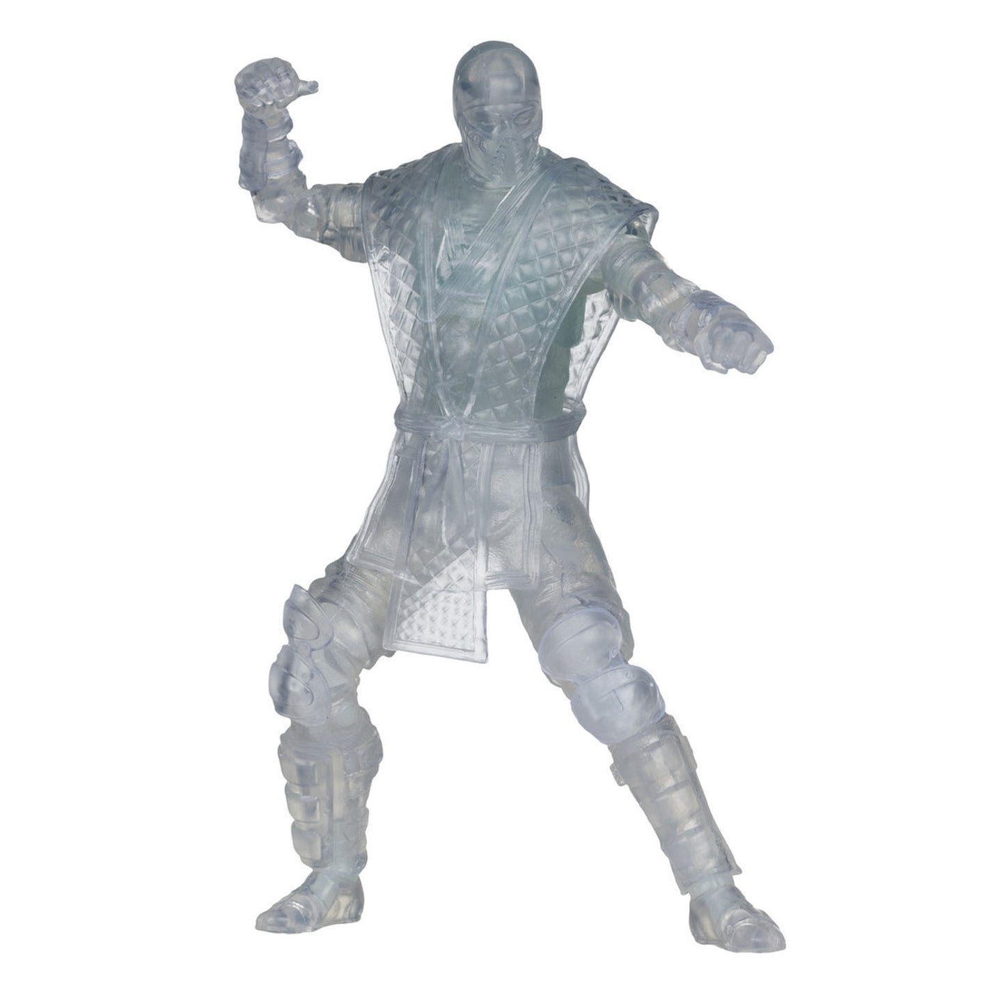 A translucent plastic ninja action figure posed in a dynamic fighting stance against a plain white background.