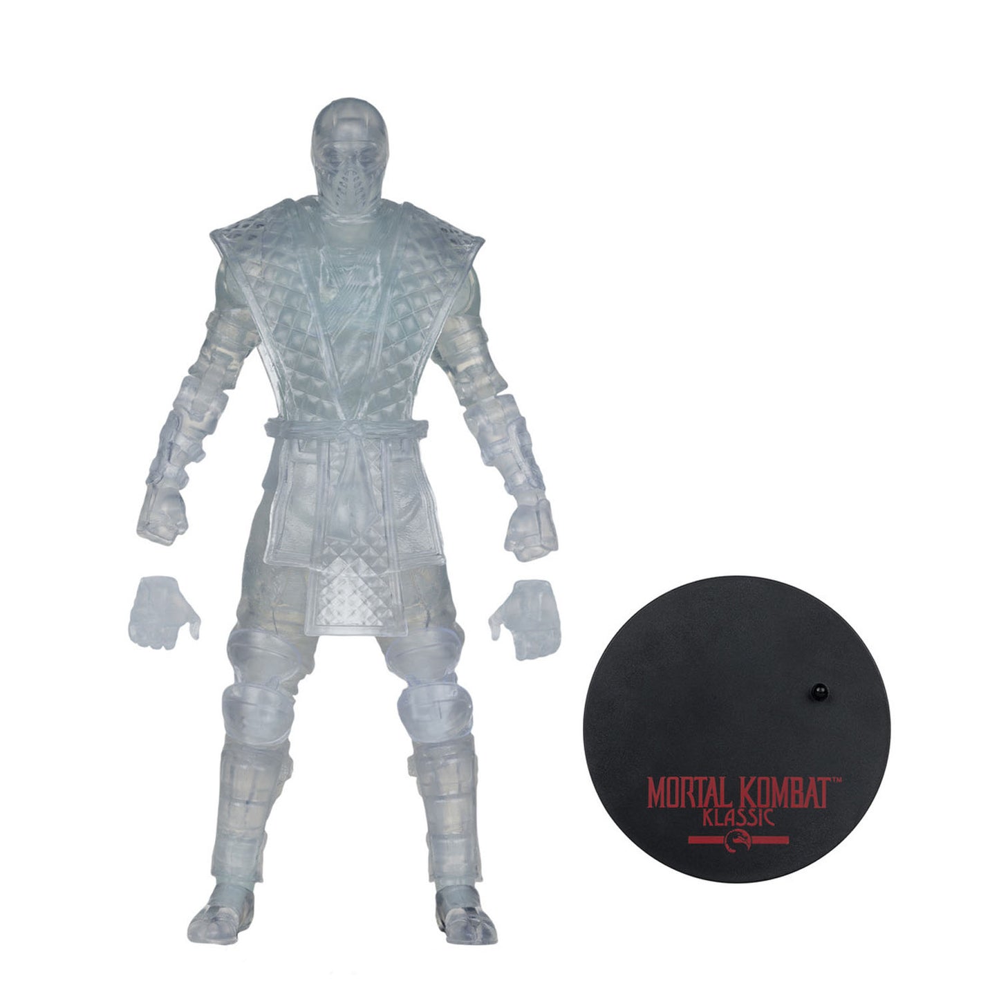 A translucent white action figure of a armored warrior from Mortal Kombat, shown standing next to its black circular display base with red 'Mortal Kombat Klassic' branding on a white background.