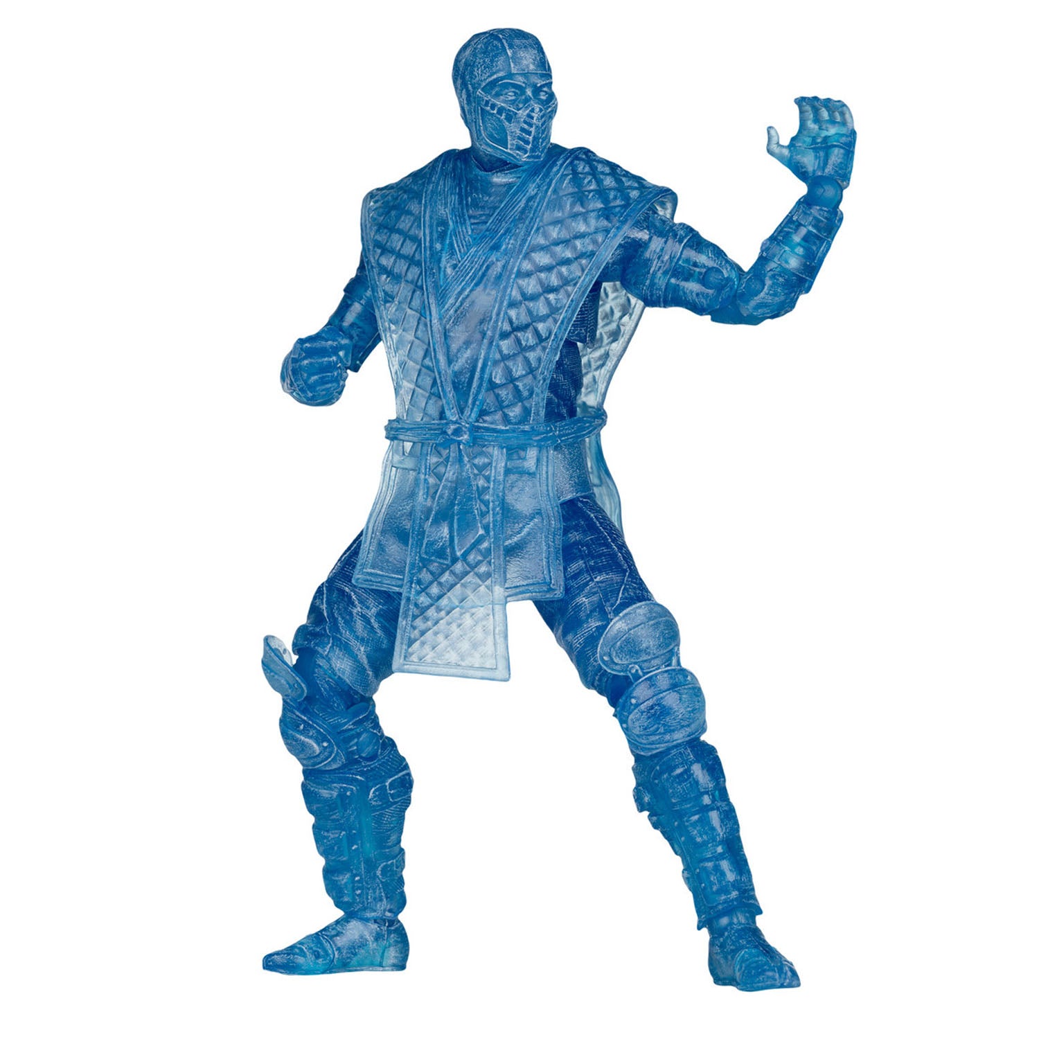 A translucent blue action figure of a Sub-Zero in a crouched fighting pose, isolated on a white background.
