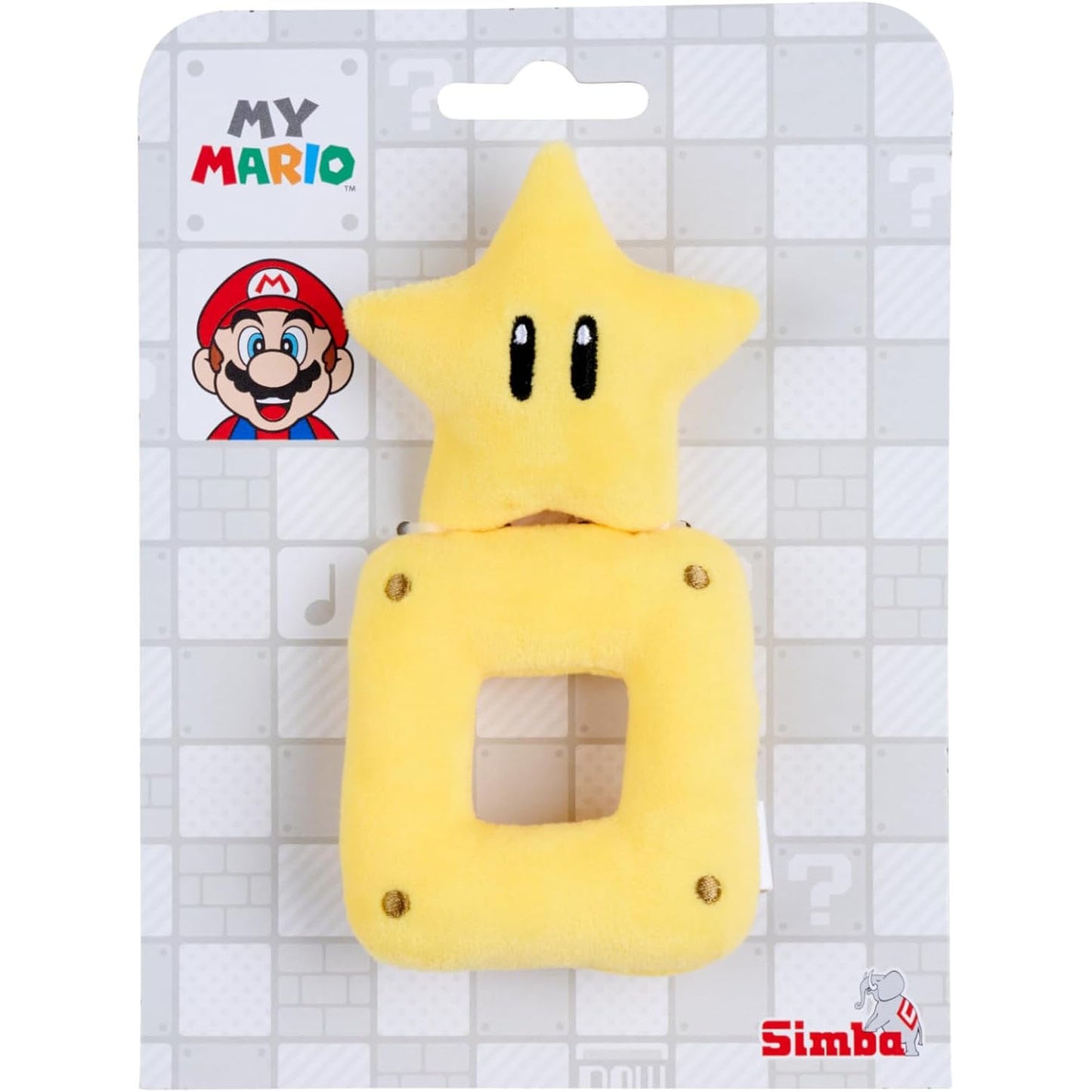 Plush, yellow rattle of the Super Mario star on a grey backer card nd My Mario branding. 