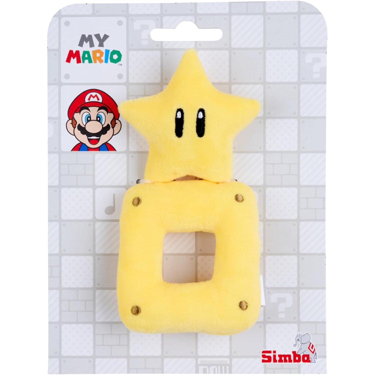 Plush, yellow rattle of the Super Mario star on a grey backer card nd My Mario branding. 