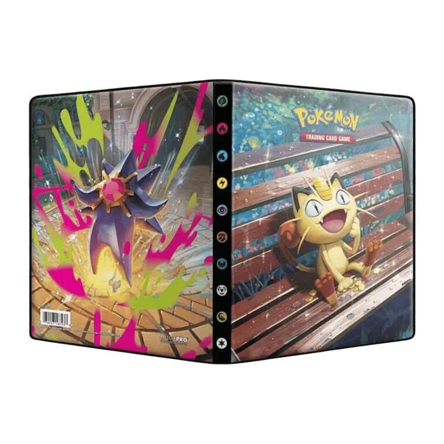 Pokémon trading card game binder with Starmie and Meowth on a white background