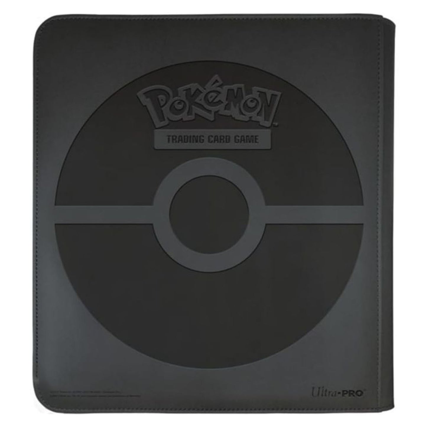Back of faux leather Pokemon card folio featuring a embossed Poke Ball 