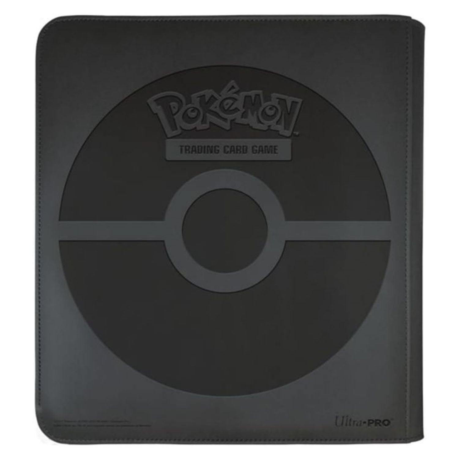 Back of faux leather Pokemon card folio featuring a embossed Poke Ball 