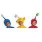 Three children wearing colorful Pikmin costume hats, featuring blue, yellow, and red designs with plant and flower details, set against a plain white background.