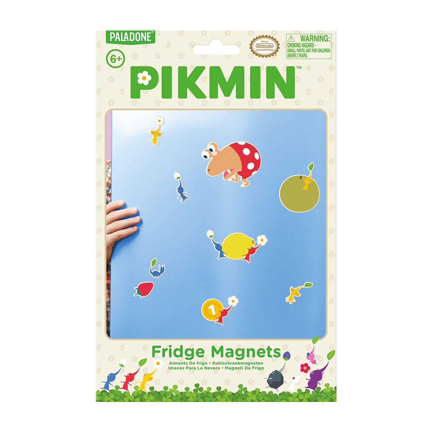 Packaging of Paladone Pikmin fridge magnets with colorful illustrations on a blue background.