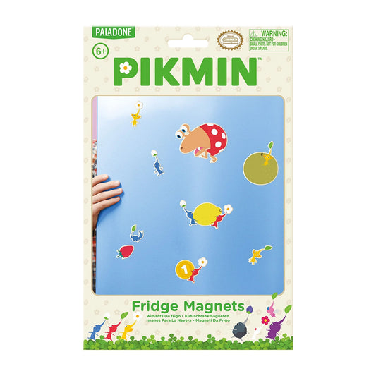 Packaging of Paladone Pikmin fridge magnets with colorful illustrations on a blue background.