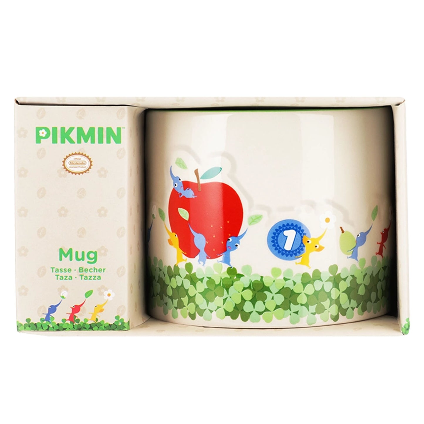 Pikmin themed mug in packaging on a white background