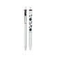 A white retractable ballpoint pen shown in two views: closed with a black clip and cap, and open with black floral graphics and the text 'PIKMIN' printed on the barrel, set against a plain white background.