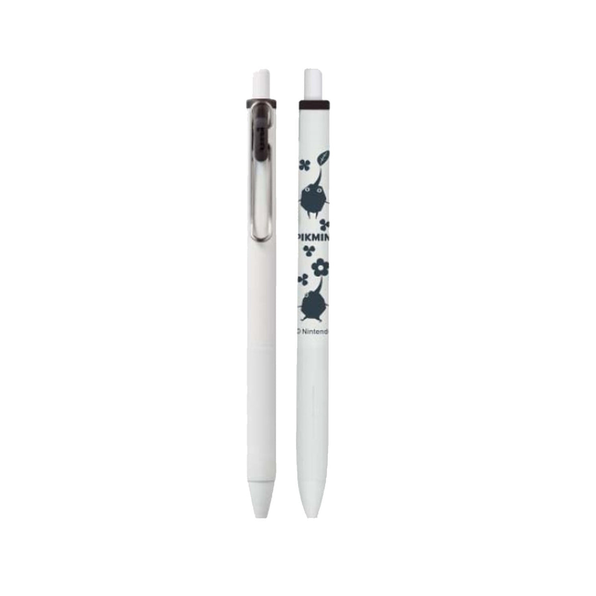 A white retractable ballpoint pen shown in two views: closed with a black clip and cap, and open with black floral graphics and the text 'PIKMIN' printed on the barrel, set against a plain white background.