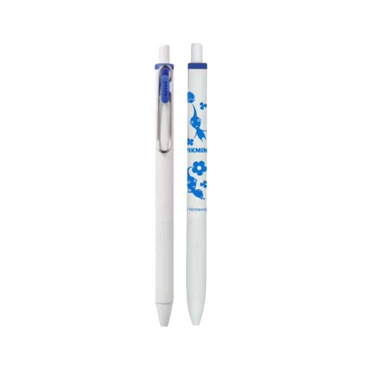 A white retractable ballpoint pen shown in two views: closed with a blue clip and cap, and open with blue floral graphics and the text 'PIKMIN' printed on the barrel, set against a plain white background.