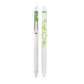 A white retractable ballpoint pen shown in two views: closed with a green clip and cap, and open with green floral graphics and the text 'PIKMIN' printed on the barrel, set against a plain white background.