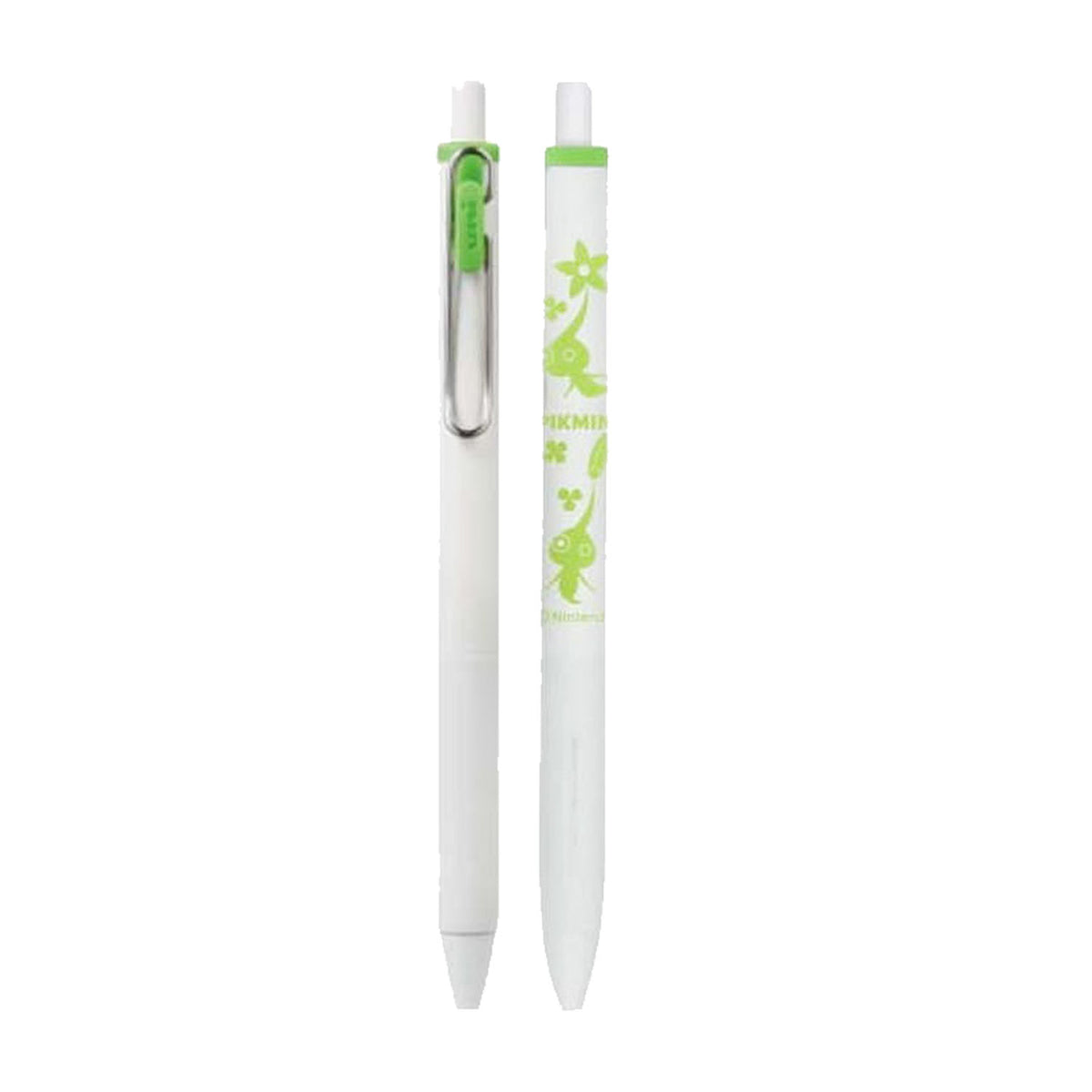 A white retractable ballpoint pen shown in two views: closed with a green clip and cap, and open with green floral graphics and the text 'PIKMIN' printed on the barrel, set against a plain white background.