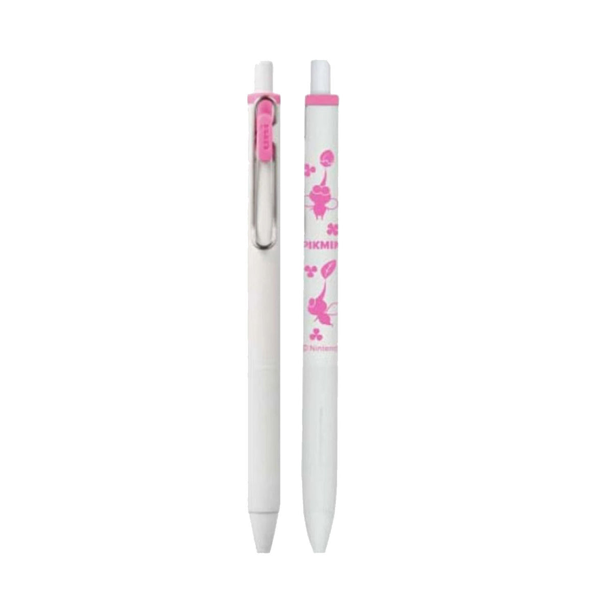 A white retractable ballpoint pen shown in two views: closed with a pink clip and cap, and open with pink floral graphics and the text 'PIKMIN' printed on the barrel, set against a plain white background.