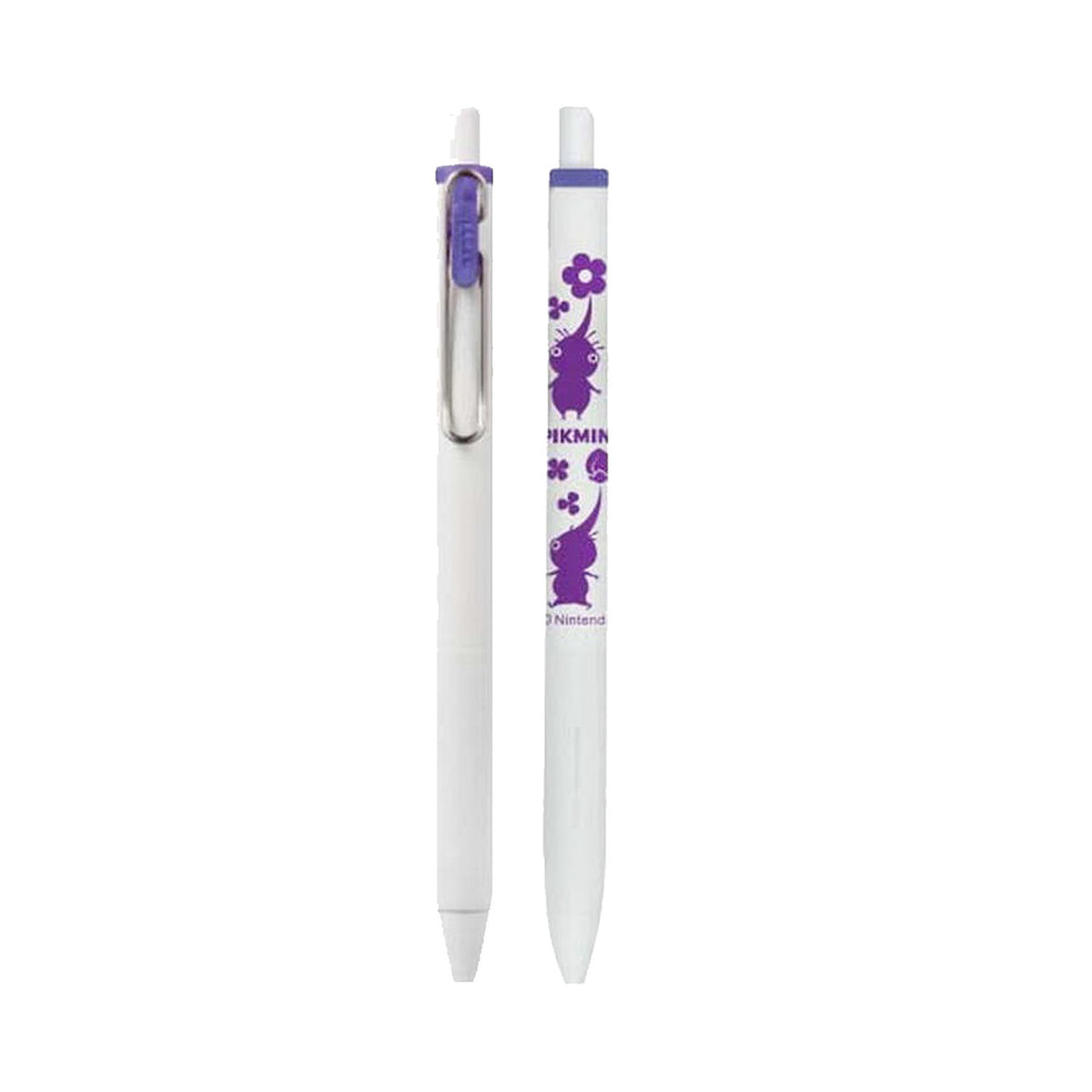 A white retractable ballpoint pen shown in two views: closed with a purple clip and cap, and open with purple floral graphics and the text 'PIKMIN' printed on the barrel, set against a plain white background.