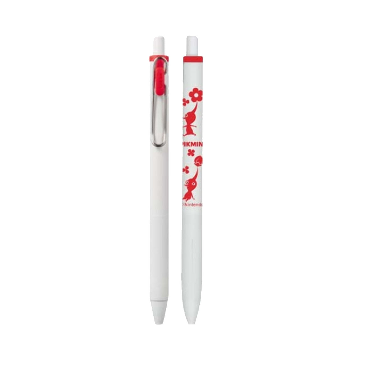 A white retractable ballpoint pen shown in two views: closed with a red clip and cap, and open with red floral graphics and the text 'PIKMIN' printed on the barrel, set against a plain white background.