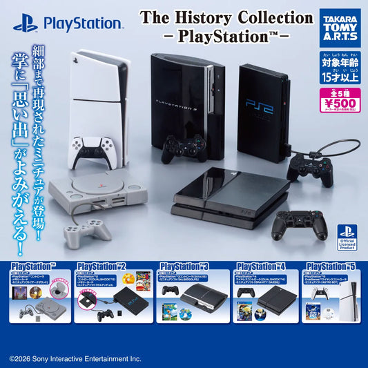 Collection of miniature PlayStation consoles and accessory models with branding and product details.