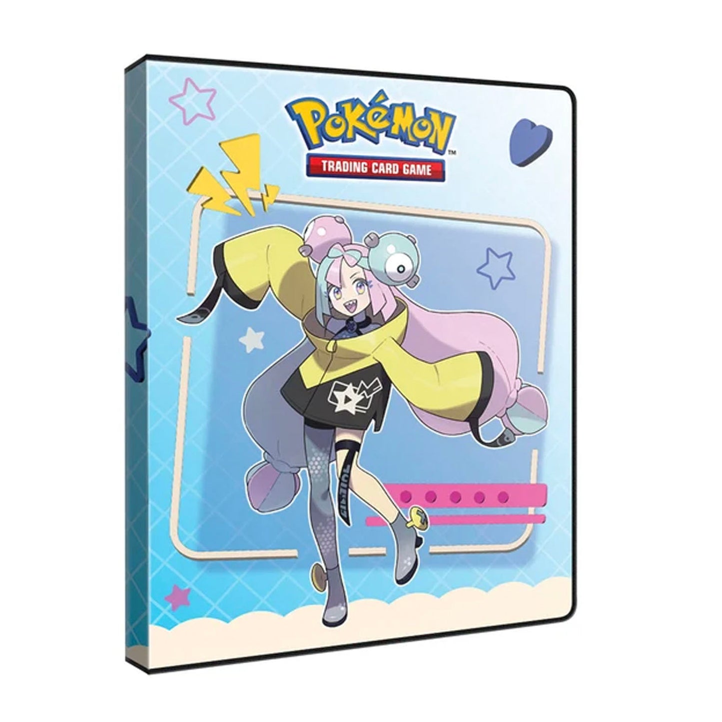 A Pokémon card folio featuring the trainer Iono on a blue background.