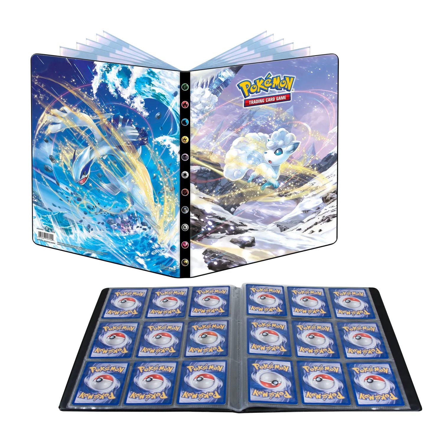 Pokémon TCG trading card binder shown open with Alolan Vulpix on the front and Lugia on the back. Below shows the binder open with 9 card sleeves per page. 
