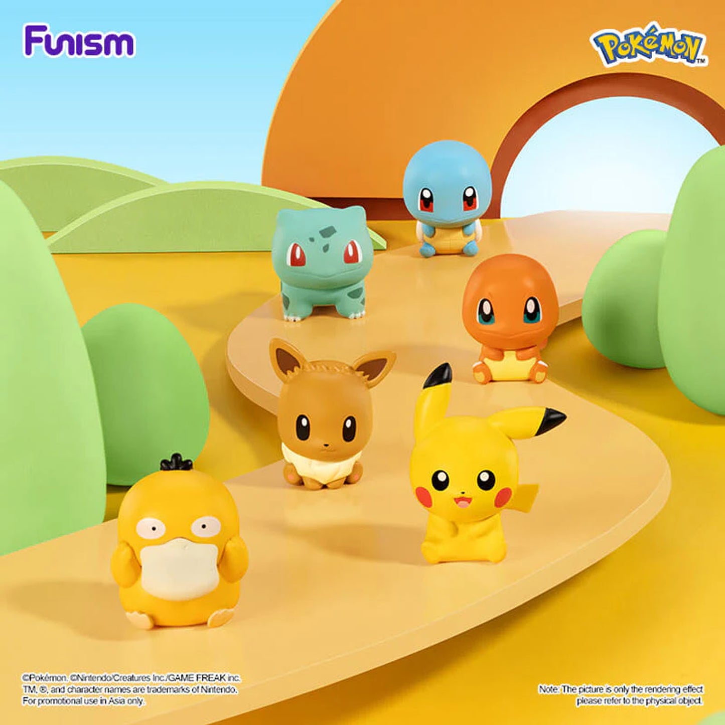 Pokémon figurines on a colorful landscape with Funism and Pokémon logos.