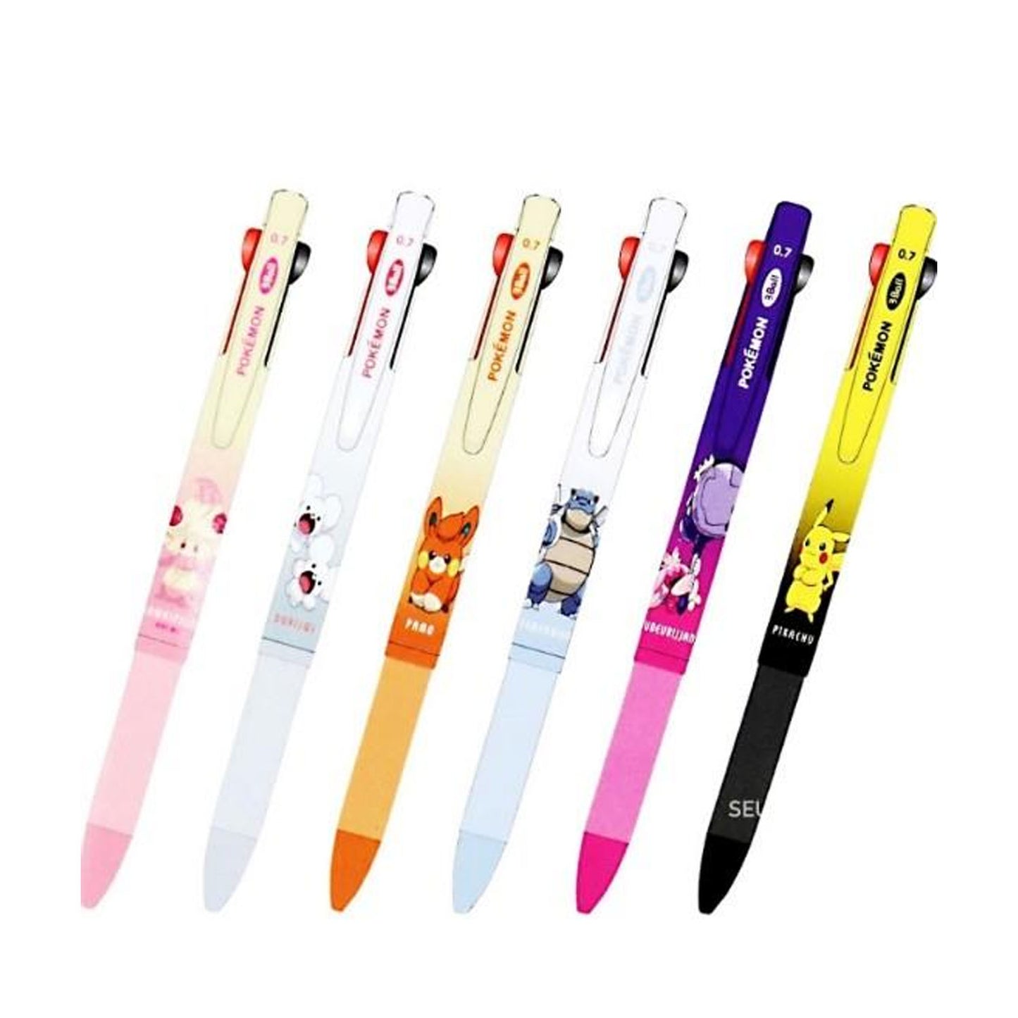 Set of colorful pens with Pokemon designs on a white background