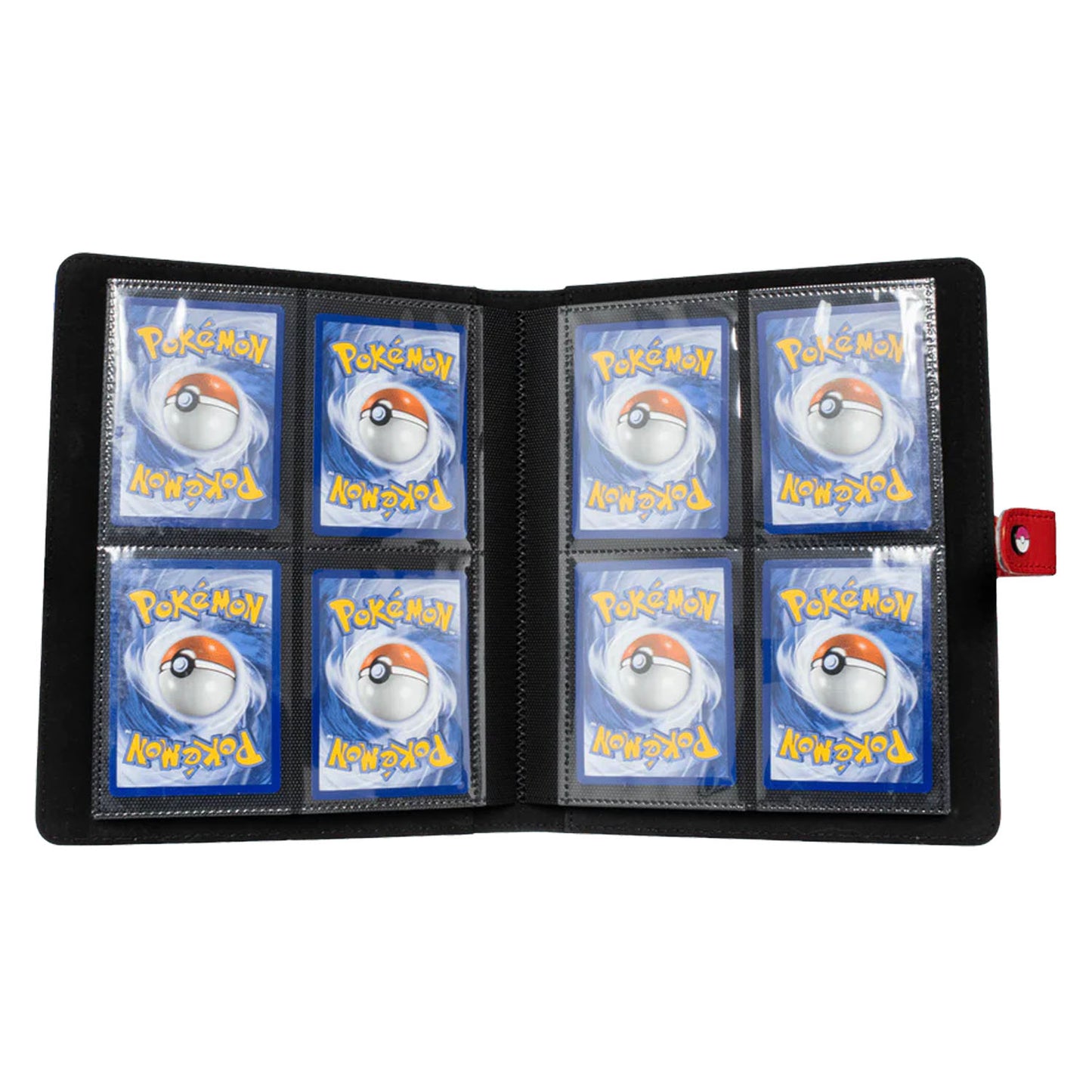 Pokemon card binder open showing pockets holding Pokemon cards. 