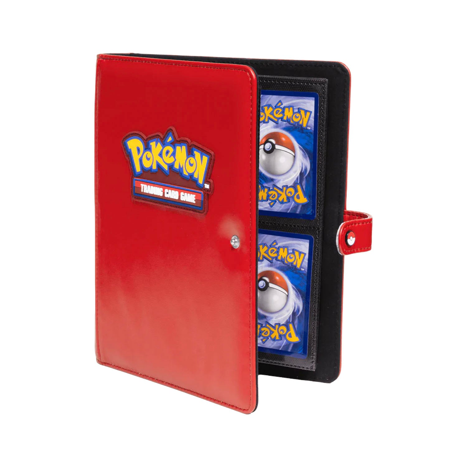 Red, Pokemon card button slightly opened showing Pokemon cards behind held inside.