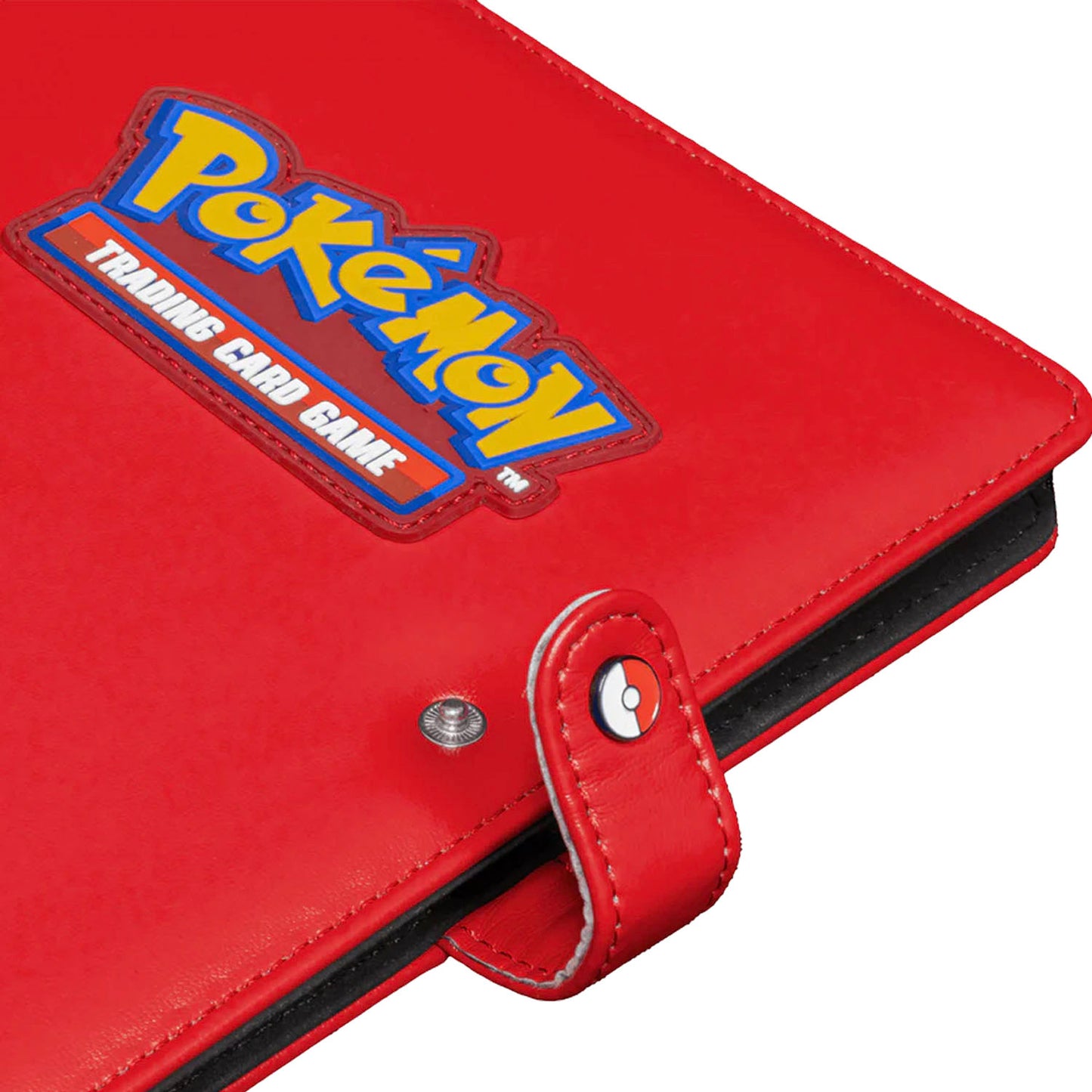 Red Pokémon card binder with logo on a white background