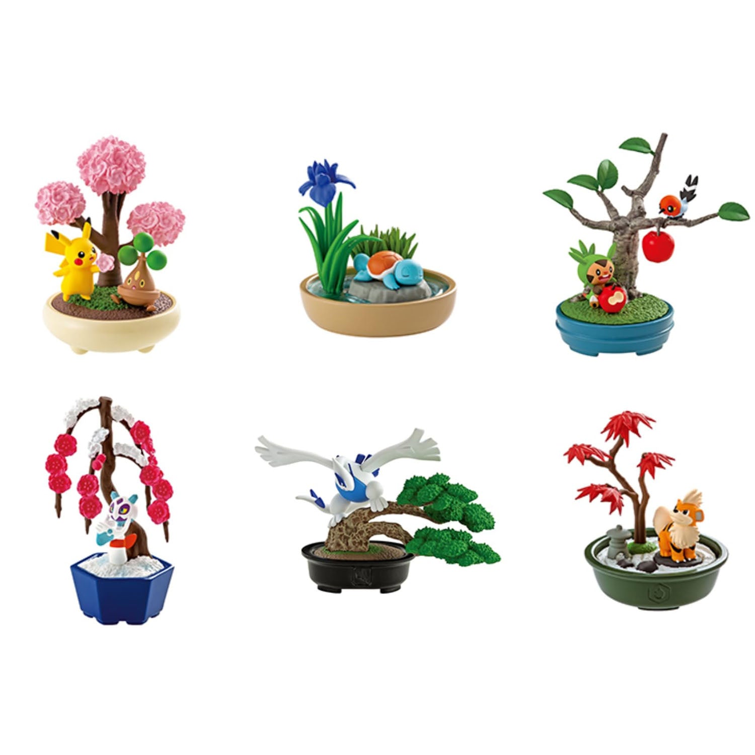 Miniature Pokemon figurines sitting on planters. Shows 6 different designs on a white background. 