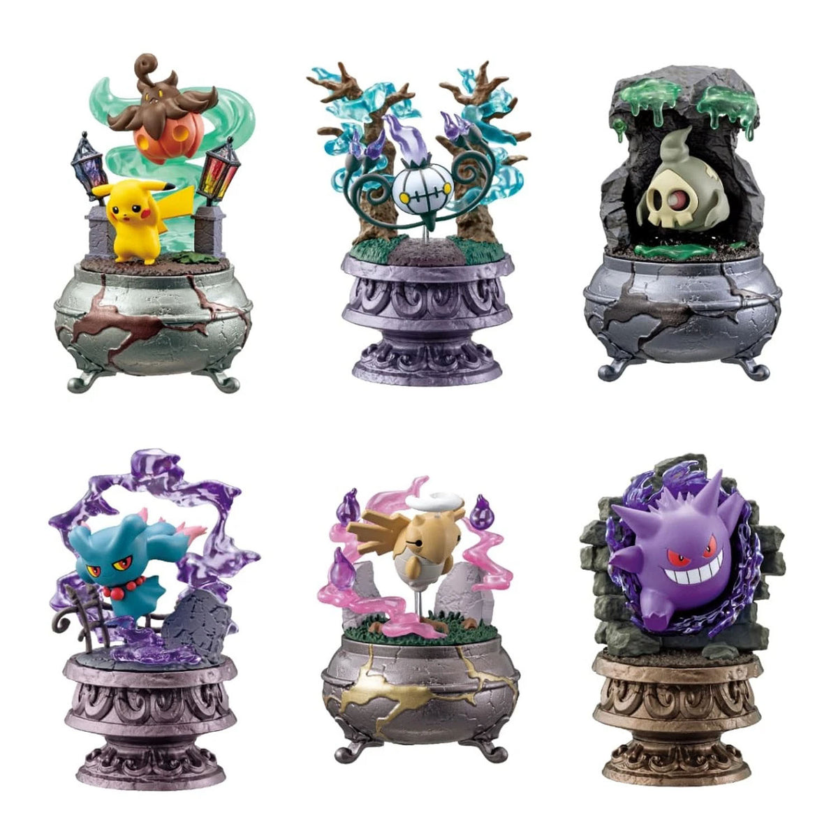 Six spooky-themed Pokémon arranged in a 2x3 grid on a plain white background, each featuring a different character and spooky decorative details.