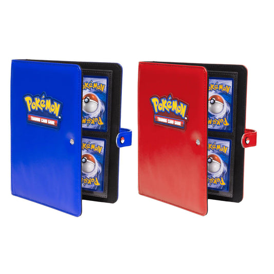 Two Pokémon trading card books, one blue and one red, on a white background.