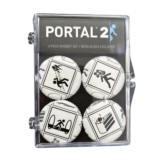 Packaged 'Portal 2' 4-pack magnet set with clear packaging on a white background